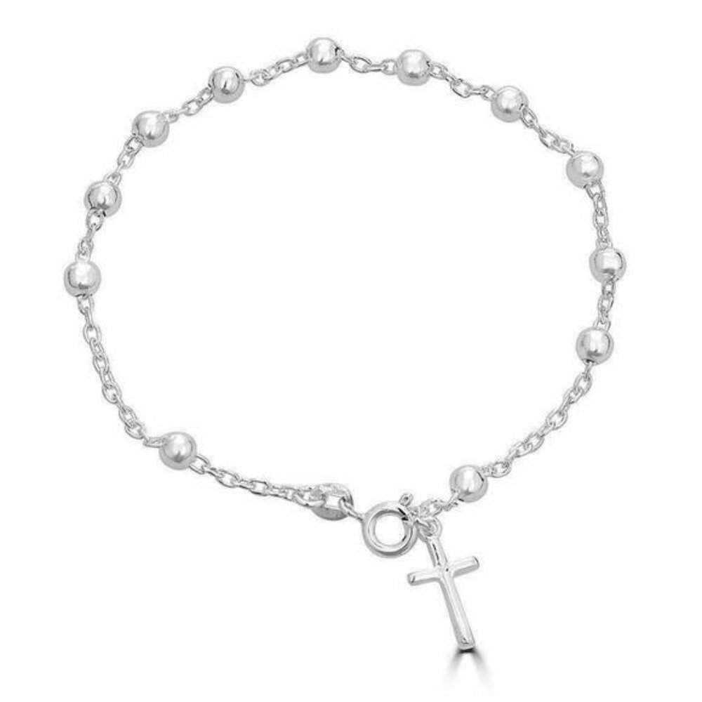 4mm Rosary Bead Rosario Cross Bracelet Genuine Solid 925 Sterling Silver…